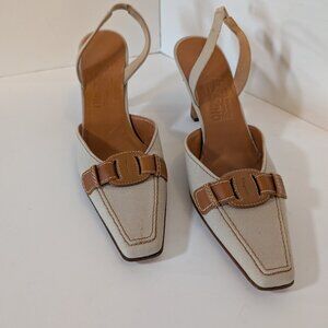 Ferragamo Women's Classic Tan Tweed Slingback Kitten Heels Made in Italy Size 10